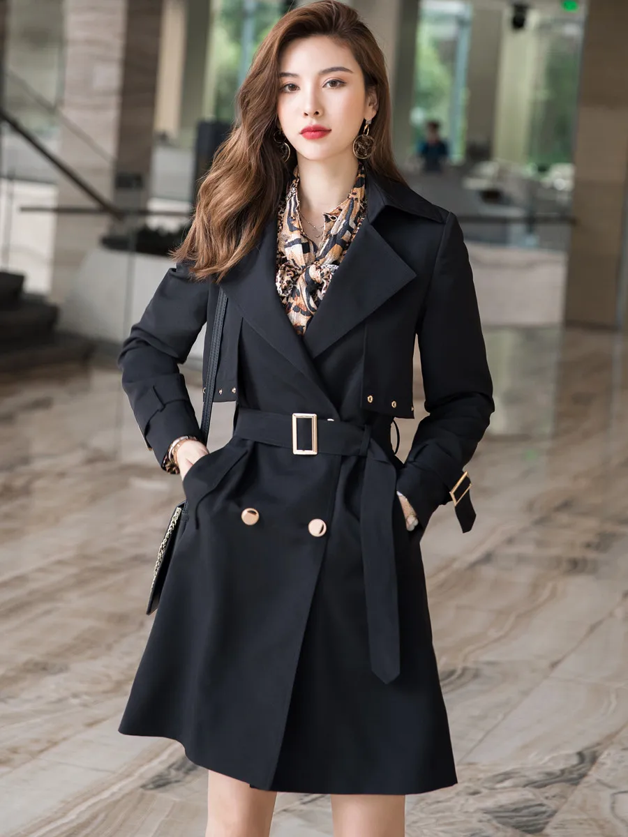 激安店舗 東京 ヨーロッパの女性のエレガント黒ウインドブレーカー春 秋のファッション膝丈カーキトレンチオフィスレディースダブルブレストのコート 即日出荷 Hrunid Hi Is