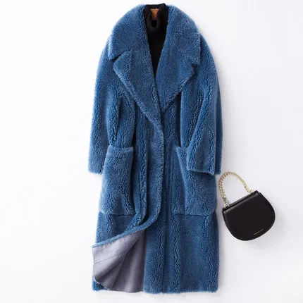 Blue Высококачественное зимнее длинное пальто с мехом, Женская шерстяная оторочка из овечьей шерсти, куртка, модное женское пальто из овечьей шерсти - Цвет: Blue
