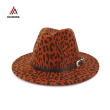 QIUBOSS Британский Леопардовый принт шерстяной войлок Джаз Fedora шапки с пряжкой на ремне мужские и женские широкие полями Trilby Панама вечерние шапки