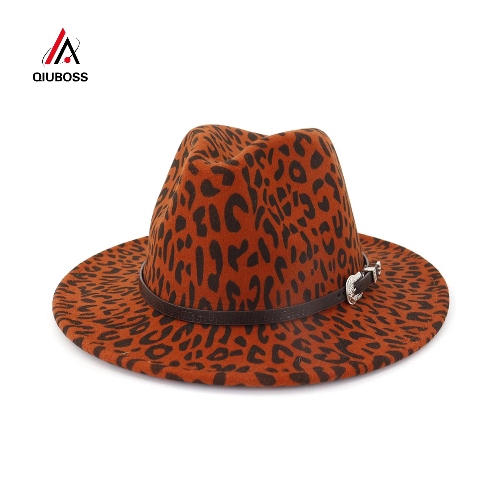 

QIUBOSS British Leopard Print Wool Felt Jazz Fedora Hats with Belt Buckle Men Women Wide Brim Trilby Panama Party Formal Top Hat