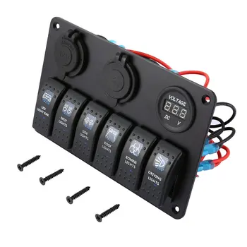 

6 Gang Waterproof RV Car Marine Boat Circuit Breaker LED Rocker Switch Panel Dual USB Charger Cigarette Socket
