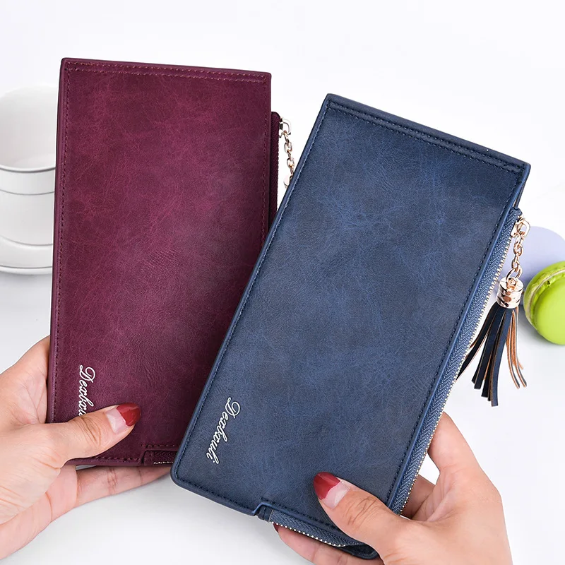 

2021 Women PU Leather Wallet Casual Large Capacity Bifold Wallet Multi-color Card Holder Long Purse with Tassel Birthday Gift