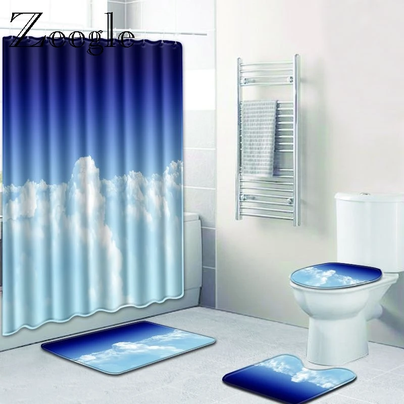 Zeegle Bath Mat and Bathroom Curtain Non Slip Bathroom Carpets Toilet Pedestal Rug Waterproof Shower Curtain Washable Toilet Set