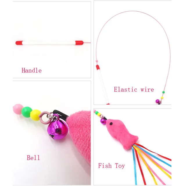 Elastic Metal Boom Tease Cat Stick Funny Wand Toy + 3 Pcs Replaceable Plush Fake Fishes Interactive With Kitten Pets Make Fun 2