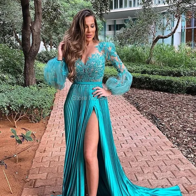 LORIE Blue Evening Dresses Appliques Scoop A-Line Pleats High Side Split Long Sleeves Sexy Prom Party Gown for Graduation 2