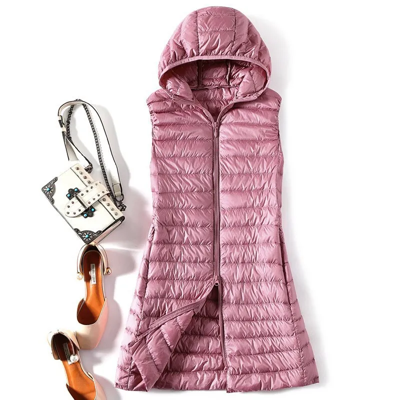 Women Ultra Light White Duck Down Vest Slim Sleeveless Hooded Coat Autumn Winter Female Long Waistcoat Puffer Parkas Tops 4XL
