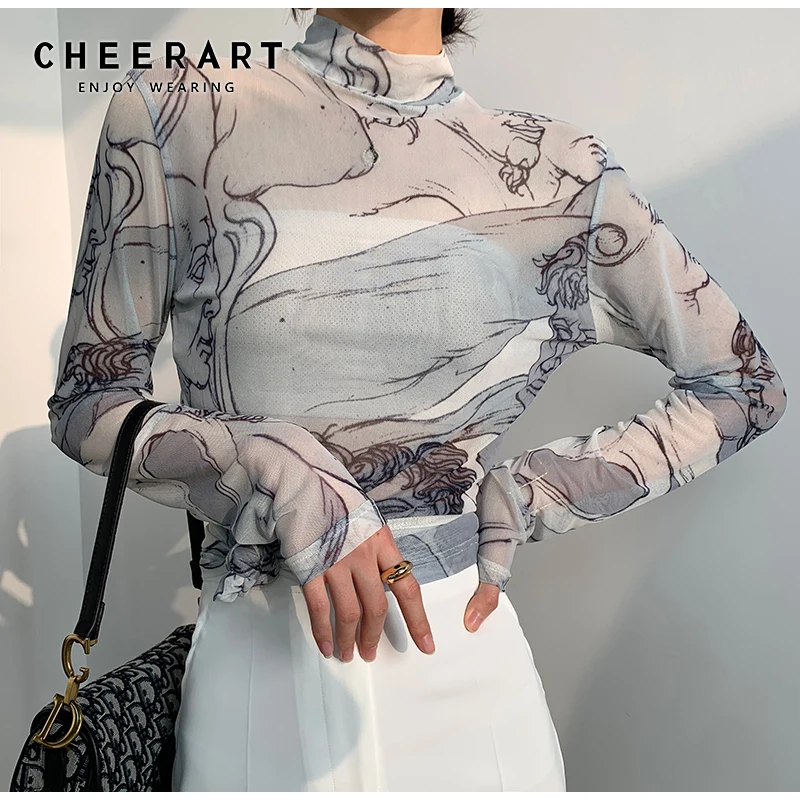 

CHEERART Turtleneck Mesh Blouse Women Renaissance Print Long Sleeve See Through Top Ladies Sheer Designer Top Clothing