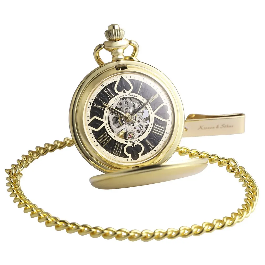 KS Skeleton Poker Design Golden Hunter Mechanical Pocket Watch Vintage Hand Winding Clock Fobs Watches Chain Jewelry /KSP081
