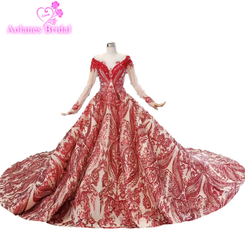 

Full Red Lace Ball Gown Prom Dresses 2020 Long Sleeves Glitters Flowers Elegant Prom Gown Custom Made Vestidos De Graduacion