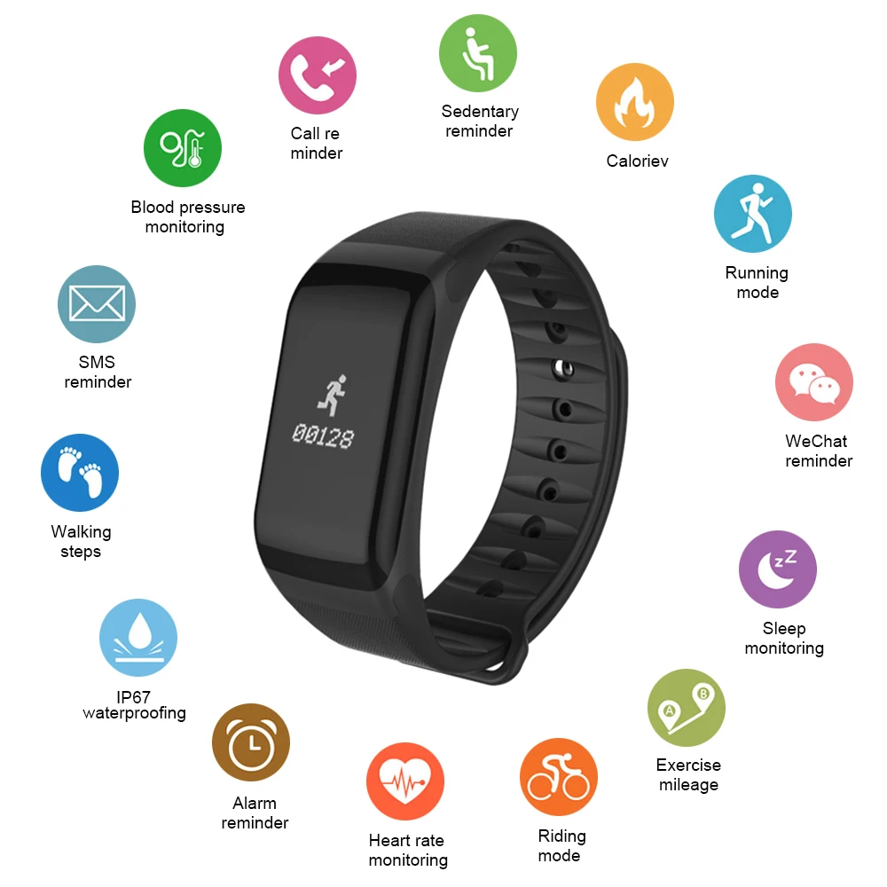

Fitness Tracker Pedometer Activity Monitor Smart Watch F1 Heart Rate and Blood Pressure Monitor for Men Black Silicone Watch