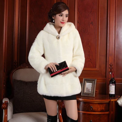 Hooded White Зимняя куртка из натурального меха норки, новинка, модная, тонкая, с капюшоном, средней длины, натуральный мех, пальто для женщин, плюс размер, верхняя одежда, парка - Цвет: Hooded White