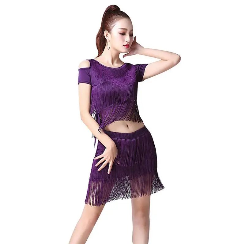 Purple Платье для латинских танцев для женщин, бальное платье для самбы, танго, юбка для латинских танцев, женские костюмы для латинских танцев, платье для румбы, циа, платье с блестками - Цвет: Purple