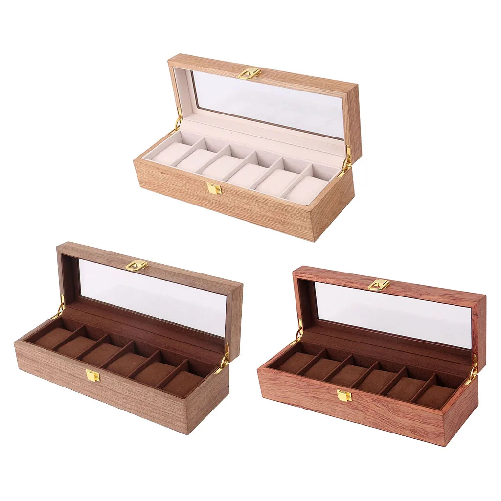 

Wooden Watch Box Case Organizer Display for Men Women 6 Slots Wood Box with Clear Glass Top Vintage Style Watch Boxes