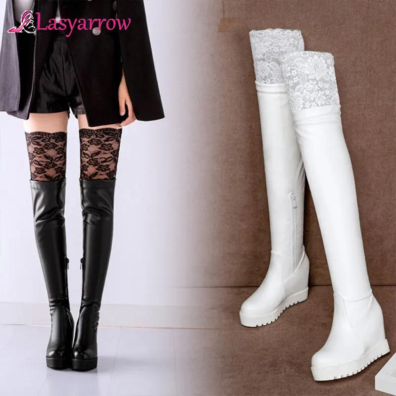 Lasyarrow/модные ботфорты выше колена; женские сапоги, визуально увеличивающие рост; цвет черный, белый; зимние теплые женские высокие сапоги