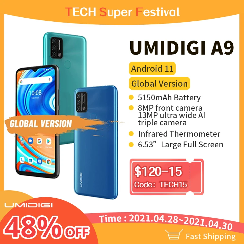 UMIDIGI A9 mundial versión Android 11 13MP AI Triple cámara de 3GB 64GB Helio G25 Octa Core 6,53 HD + 5150mAh Dual SIM teléfono móvil