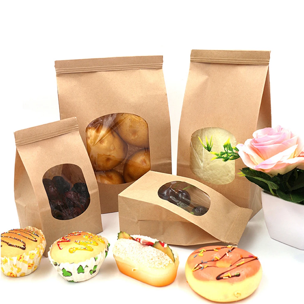 50Pcs Bakery Bags with Clear Window Sealing Grease Proof Kraft Paper Bag for Food Snacks Cookie Coffee