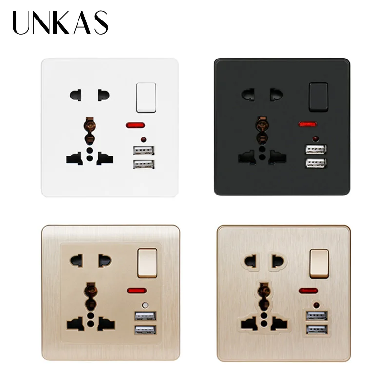 UNKAS 2.1A белый/черный/золотой настенный разъем питания двойной usb-порт для зарядки светодиодный индикатор 13A Универсальный 5 отверстий Коммутируемая розетка