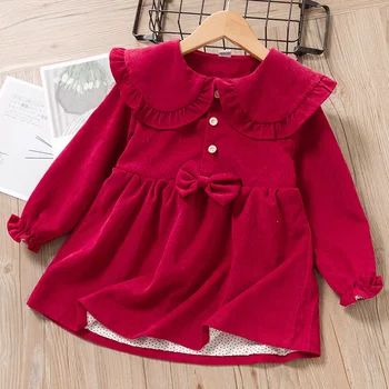 

PatPat 2020 New Spring and Autumn Baby / Toddler Doll Collar Bowknot Detail Corduroy Dress for Toddler Girl Dress