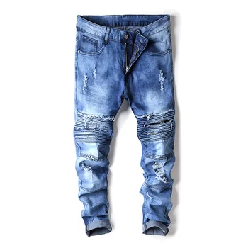 

Jeans Men Denim Slim Hole Pleated Spliced Bleached Ripped Straight Fashion Wild Cowboy Trousers Male The Four Seasons