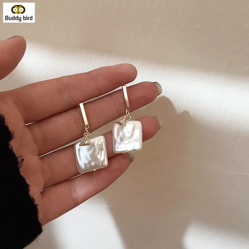 Необычные серьги с натуральным пресноводным квадратным жемчугом, Элегантные Простые циркониевые серьги в стиле барокко, вечерние женские серьги из золота и металла