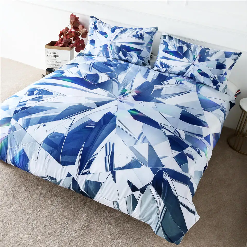 

HM Life Bedding Set Geometric Print Diamond Duvet Cover Prism Colored Home Textiles Blue White Luxury 3-Piece Bed Cover Set