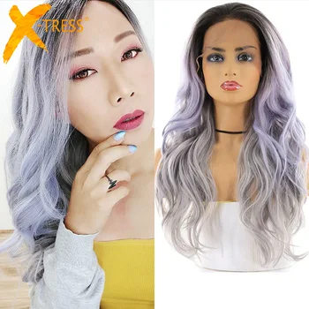 

Green Gray Ombre Color Synthetic Hair Lace Wigs For Black Women X-TRESS 24inch Long Wavy 13x4inch Lace Front Wig With Baby Hair