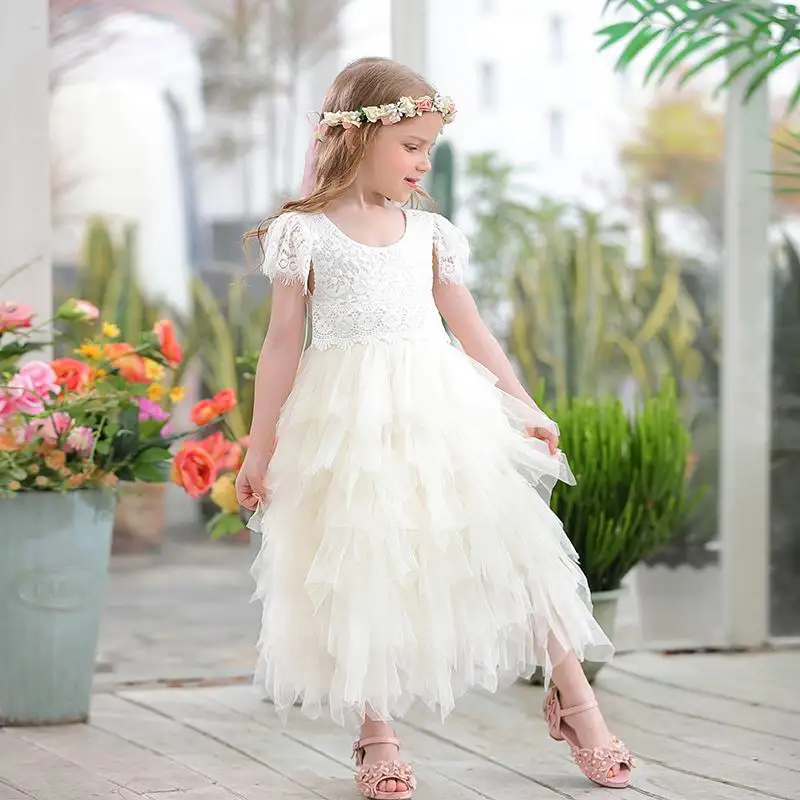 

Spring Summer New Girls Princess Dress White Pink Eyelash Back Lace Fluffy Tulle Wedding Party Dress Children Clothing