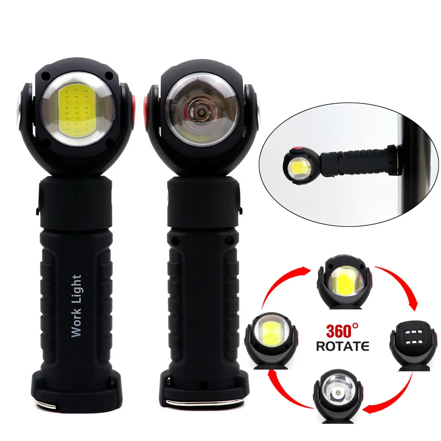 Практичный вращающийся фонарь на 360 градусов Cree светодиодный+ COB Светодиодный фонарь USB Перезаряжаемый с 18650 встроенным аккумулятором задний магнит