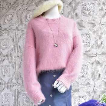 

Top mujer femme loose thick sweet pink hairy angora rabbit fur o-neck long sleeves pullover sweater mink cashmere blouses winter