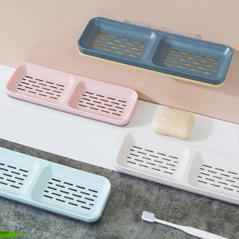 Bathroom Storage Racks Punch-free Double-layer Drain Square Plastic Soap Box Double Grid Soap Holder For Wall-mounted