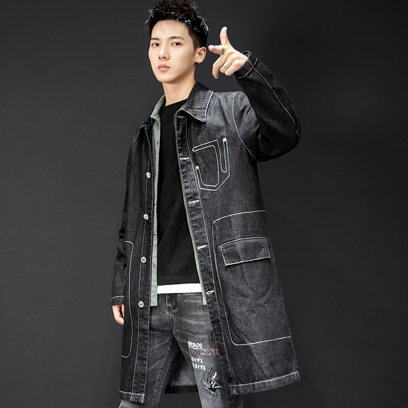 New denim jacket long section spring and autumn coat coat handsome male hole loose