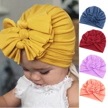Чалма с бантиком, повязка на голову для малышей, зимняя теплая, для новорожденных, тюрбан из хлопка, шапочка, шапка для детей, обруч на голову, 16 цветов, аксессуары для волос