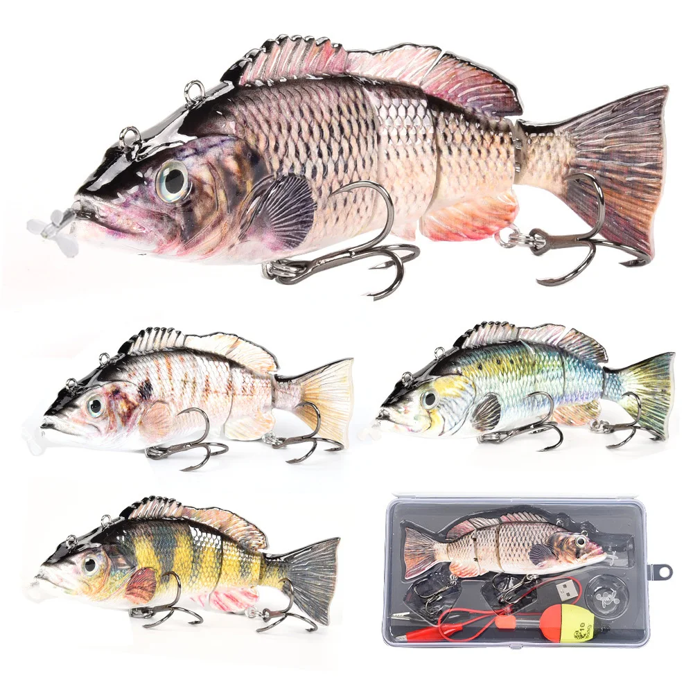 13.5cm/iscas de pesca elétricas usb recarregável falso isca 4 seção auto hélice swimbait piscando led luz wobblers