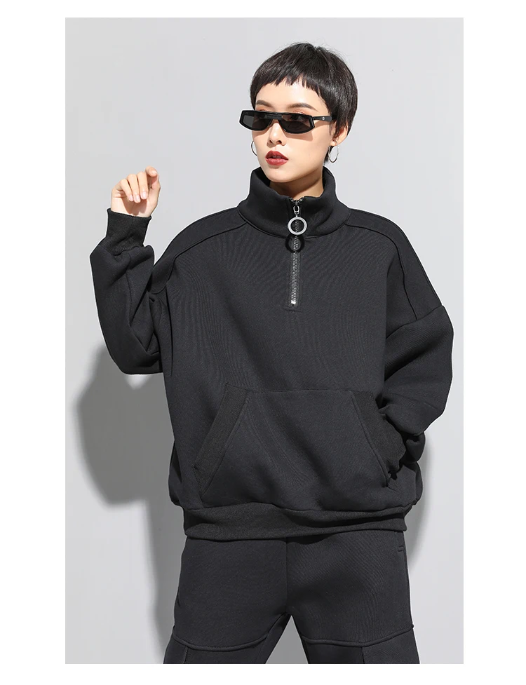 Autumn Winter Stand zipper Plus Size women Hoodies Sweatshirt velour Black Gothic Long sleeve Pocket tops lady kpop clothes