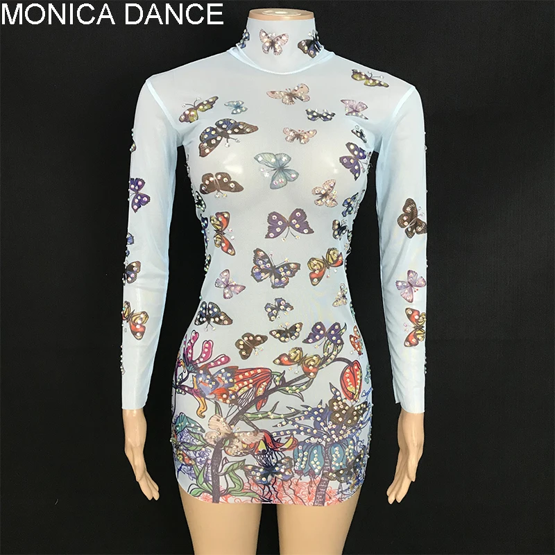 

Women Sexy Stage Blue Butterfly Flowers Dress Transparent Evening Birthday Dance Party Costume Stage Rhinestones Singer Dress