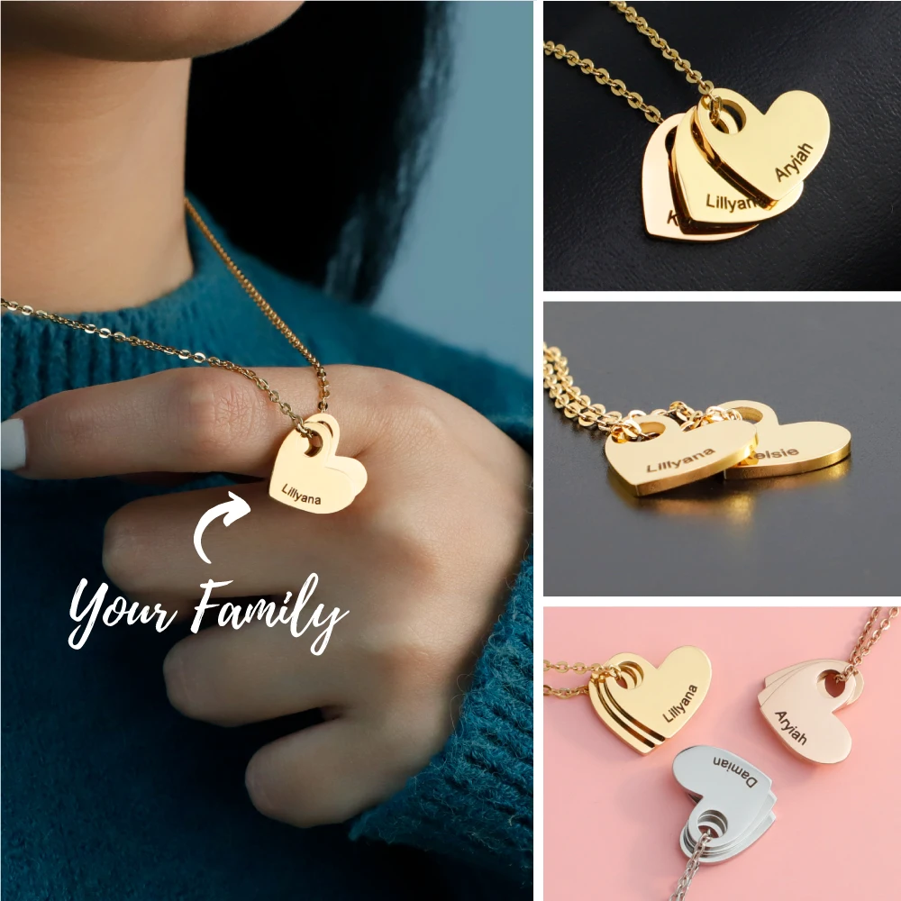 Family Name Necklace Personalized Heart Shape Mother Necklace Engraved with 4 Names for Mothers Day 