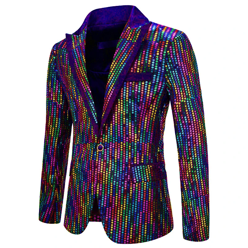 Цветной блейзер с блестками и радужным блеском, мужской пиджак на одной пуговице, приталенный мужской пиджак с отворотом, вечерние блейзеры для выступлений, одежда для певцов