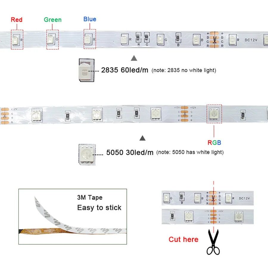Tira de luces LED con Bluetooth, cinta de luz led RGB SMD 5050 2835, de longitud 5M 10M 15M, con diodo de corriente DC12V 60LED/M y adaptador