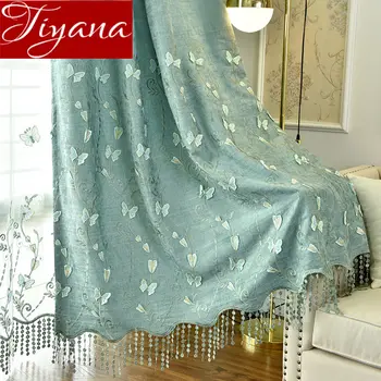

American Country Curtain Chenille Romantic Green Butterfly Embroidery Embossed for Window Bedroom Sheer Curtain Custom M195#30