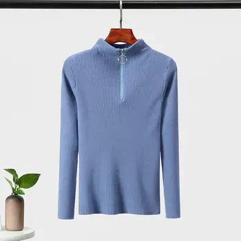 

2019 Autumn Winter Knitted Women Sweater Casual Solid Simple Soft Pullovers Female Long Sleeve Zippers Simple Jumper