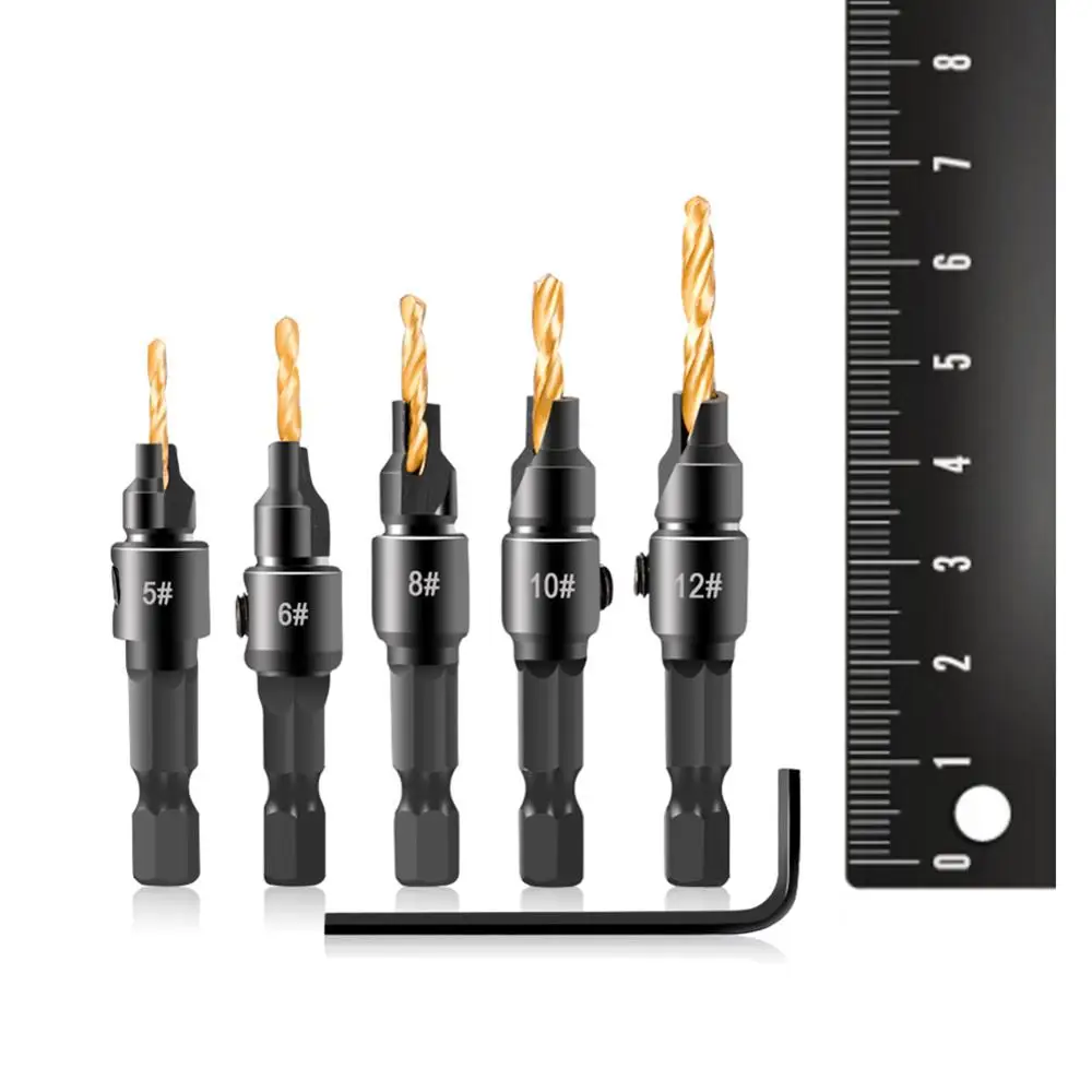

6pcs Woodworking Countersink Drill Bit High Carbon Steel Titanium Plated Chamfering Hex Shank Drill Bit with L-shape Wrench