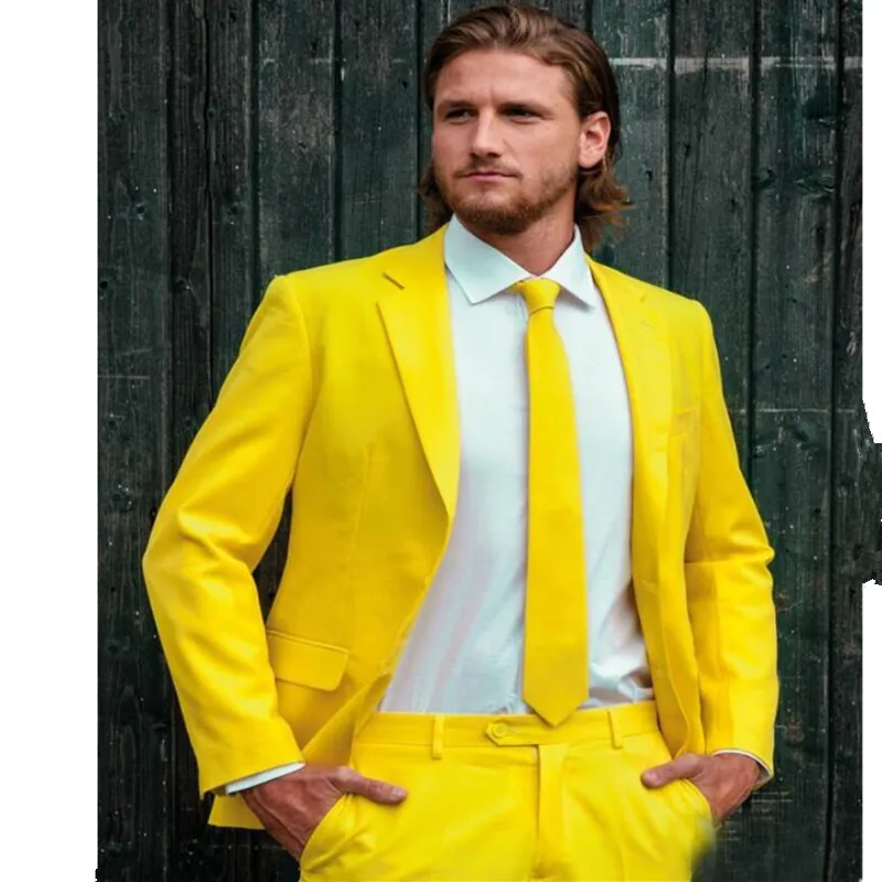 

Custom Made Fashion Groom Tuxedos Yellow One Button Notch Lapel Men Suits Male Business Casual Solid Color(Jacket+Pants+tie)