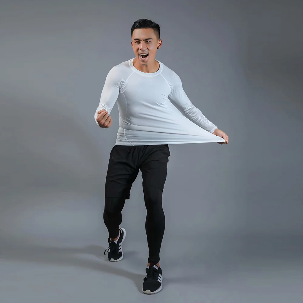 Мужская компрессионная одежда, мужская футболка+ леггинсы, Рашгард, топ с длинными рукавами, базовый комплект для мужчин, термобелье для фитнеса и тренировок