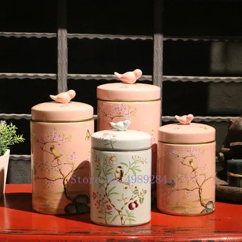 

Retro Ceramics Vase Storage Jar Chinese Style Flower Bird Painted Ceramic Storage Tank Modern Home Decorations Desktop Crafts