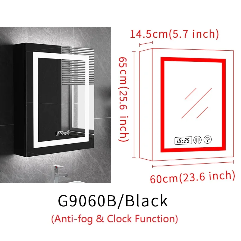G9060B-Black Gisha Настенный умный светодиодный шкаф с зеркалом для макияжа с сенсорным экраном и Bluetooth, интеллектуальное анти-запотевающее зеркало для ванной - Цвет: G9060B-Black