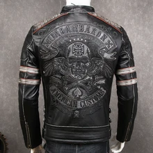 Vintage Black Men Skulls Embroidery Biker's Leather Jacket Plus Size XXXXL Genuine Cowhide Spring Slim Fit Leather Coat