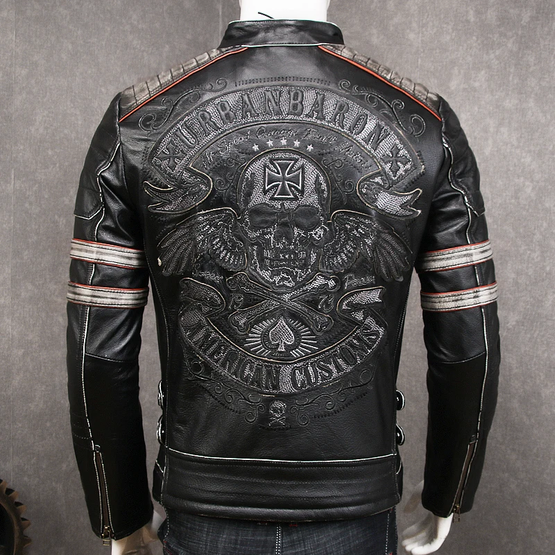 

2020 Vintage Black Men Skulls Embroidery Biker's Leather Jacket Plus Size XXXXL Genuine Cowhide Spring Slim Fit Leather Coat