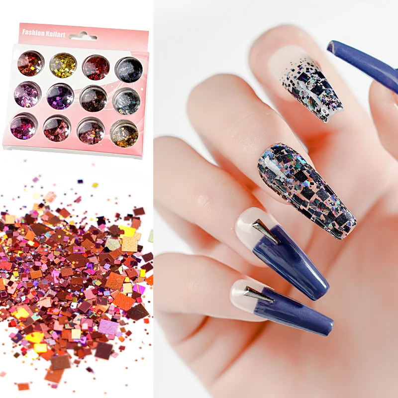 

12 Jar/Box Heart Multi-Shape Nail Art Glitter Sequins Holographic Nail Thin Paillette Set For 3D Manicure UV Gel Sticker Glitter
