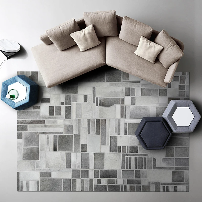 Modern Grey Light Luxury Cowhide Rug Living Room Carpet Simple Geometric Abstract Art Area | Дом и сад