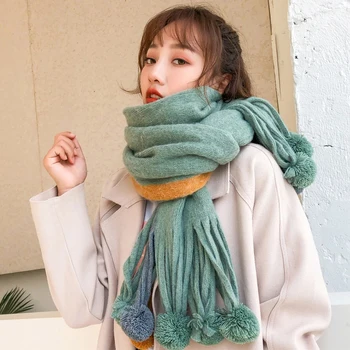 

2020New Autumn and winter Pashmina Color matching Korean style Scarf Solid color Hairball keep warm fashion Shawl student